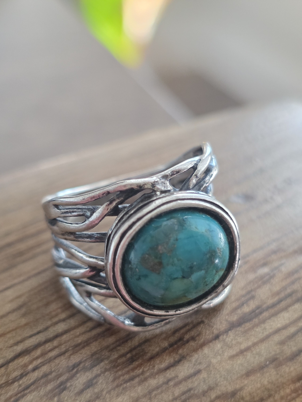 Sterling Silver 925 Open Work Vein Turquoise Ring Bezel Setting Marked Israel